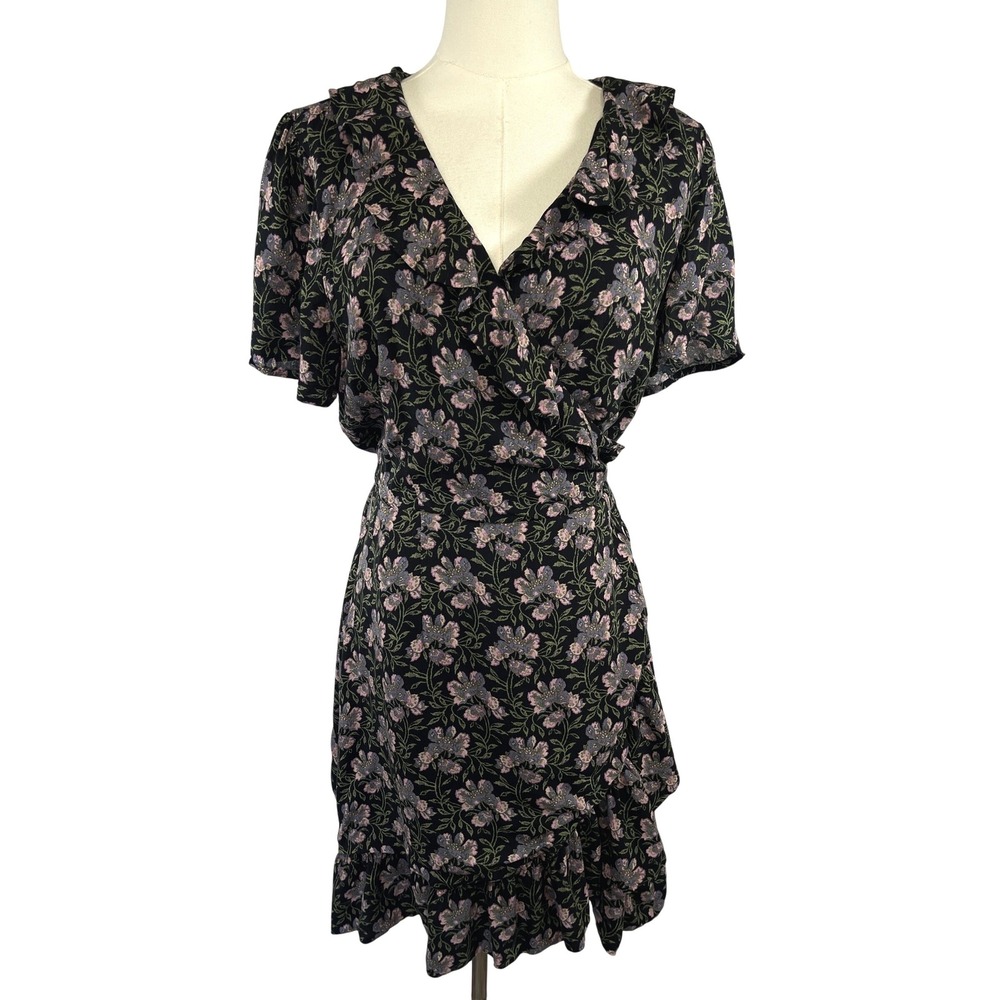 PAIGE Dainty Floral Ruffle Wrap Mini Dress M Black Pink Boho Whimsy Cottagecore